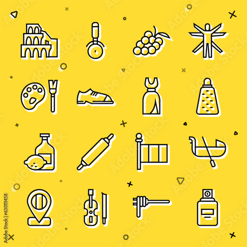 Set line Perfume, Gondola, Grater, Grape fruit, Men shoes, Paint brush with palette, Coliseum Rome and Woman dress icon. Vector