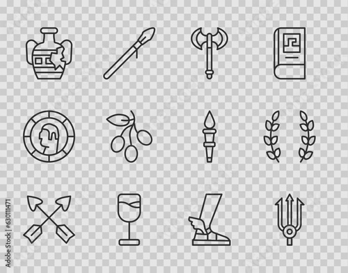 Set line Crossed arrows, Neptune Trident, Medieval axe, Wine glass, Broken amphorae, Olives branch, Hermes sandal and Laurel wreath icon. Vector