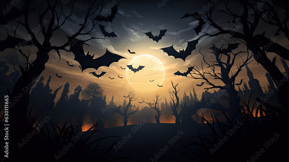 Illustrativer Hintergrund zu Halloween mit Fledermäusen und Schauerwald im Mondlicht.
