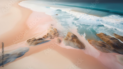Generative AI illustration of a palm beach with sand and waves, in the style of pastel color palette, light orange and azure, photorealistic detail, light white and light pink, shaped canvas, white an