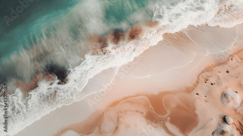 Generative AI illustration of a palm beach with sand and waves, in the style of pastel color palette, light orange and azure, photorealistic detail, light white and light pink, shaped canvas, white an