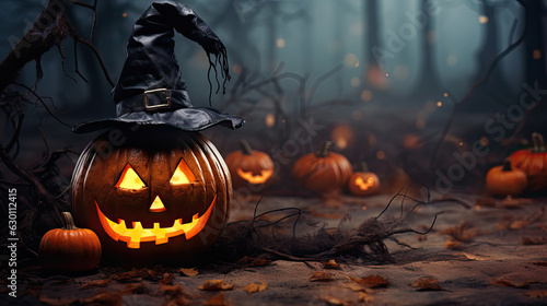 Halloweenkürbis (jack-o'-lantern) mit einem Hexenhut auf. Umgeben von Kürbissen im dunklen Wald. Textfreiraum.