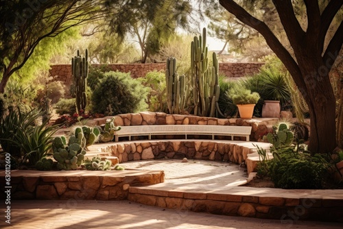 In Tucson, Arizona, you can find a water fountain and a bench situated close to the stone walls and sizable plants. Additionally, there are some trees in the vicinity of Mediterranean style houses © 2rogan