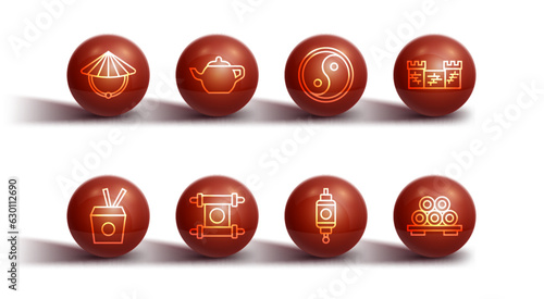 Set line Chinese conical straw hat, Noodles box and chopsticks, Great wall of China, paper lantern, Decree, paper, parchment, scroll, tea ceremony, Sushi cutting board and Yin Yang icon. Vector