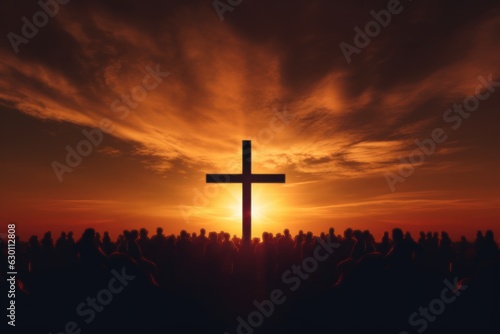 Print op canvas Silhouette cross on Calvary mountain sunset background