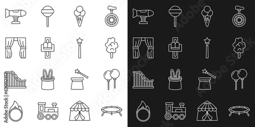 Set line Jumping trampoline, Balloons with ribbon, Cotton candy, Ice cream waffle cone, Attraction carousel, Circus curtain raises, Swing plane and Magic wand icon. Vector