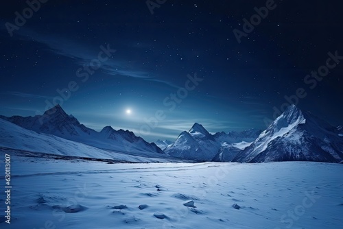 Snowy mountains and a full moon in the night sky, a peaceful and serene landscape.