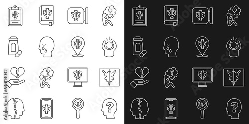 Set line Head with question mark, Rorschach test, Anger, Psychology, Psi, Man graves funeral sorrow, Sedative pills, and icon. Vector