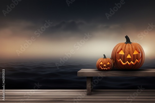 Two spooky Halloween pumpkins, Jack O Lantern, on a wooden bench with space for product placement.