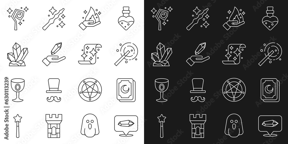 Set line Magic stone, Tarot cards, wand, Hand holding fire, staff and scroll icon. Vector