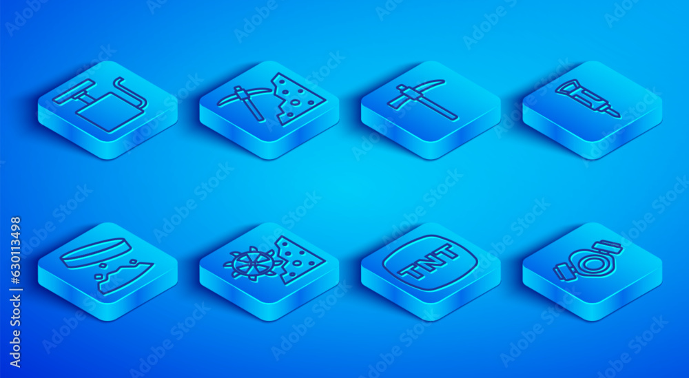 Set line Handle detonator, Pickaxe, Bucket wheel excavator, Dynamite, Construction jackhammer, Giant magnet holding iron dust and Gas mask icon. Vector Set line Handle detonator, Pickaxe, Bucket wheel excavator, Dynamite, Construction jackhammer, Giant magnet holding iron dust and Gas mask icon. Vector