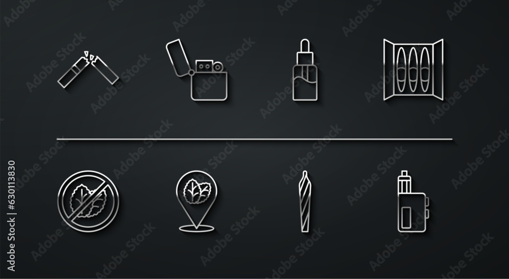 Set line Broken cigarette, No tobacco leaf, Cigar, Marijuana joint, spliff, Tobacco, Lighter, Vape mod device and liquid bottle icon. Vector Set line Broken cigarette, No tobacco leaf, Cigar, Marijuana joint, spliff, Tobacco, Lighter, Vape mod device and liquid bottle icon. Vector
