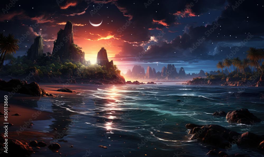 Fantasy tropical sea beach, Full moon with star over seascape in night skies Fantasy tropical sea beach, Full moon with star over seascape in night skies