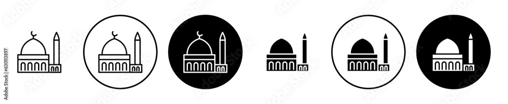 Islamic mosque vector icon set. muslim community masjid in black color.