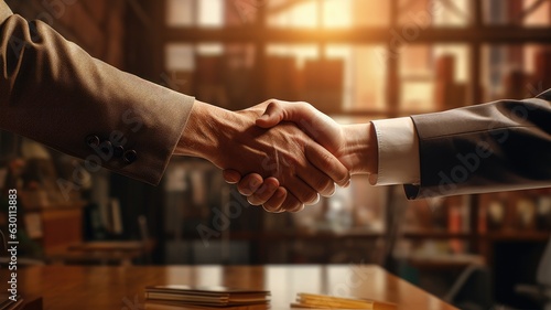 Two men shake hands during a business meeting, sunset in background of meeting room