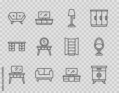 Set line Dressing table, Furniture nightstand, Floor lamp, Sofa, TV and Armchair icon. Vector