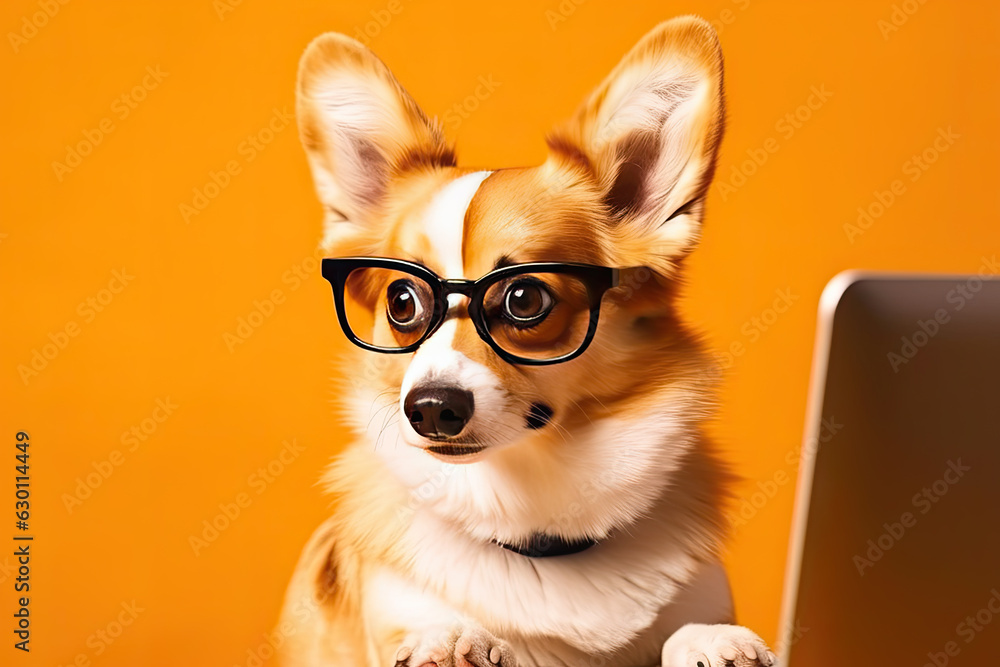 intelligent corgi with glasses on a yellow background is busily working on a laptop intelligent corgi with glasses on a yellow background is busily working on a laptop
