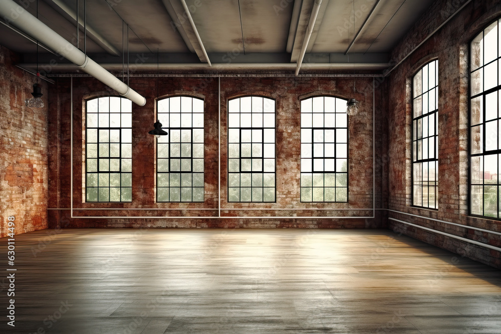 Empty Red Brick Loft Apartment with Grunge Look Bright Interior