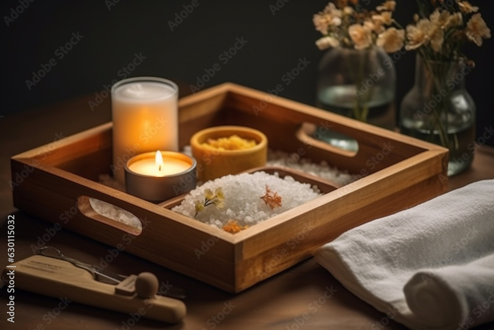 Spa treatment and relax aromatherapy in a tray in a room for luxury or wellness on wooden tray. Health and massage, candle, skincare, spa or relaxation concept. Generative AI Technology Spa treatment and relax aromatherapy in a tray in a room for luxury or wellness on wooden tray. Health and massage, candle, skincare, spa or relaxation concept. Generative AI Technology