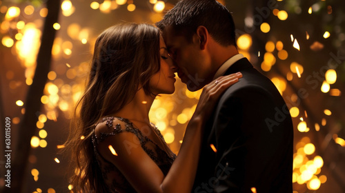 Newlyweds couple dancing, cuddling, kissing amidst sparkling lights. Generative AI