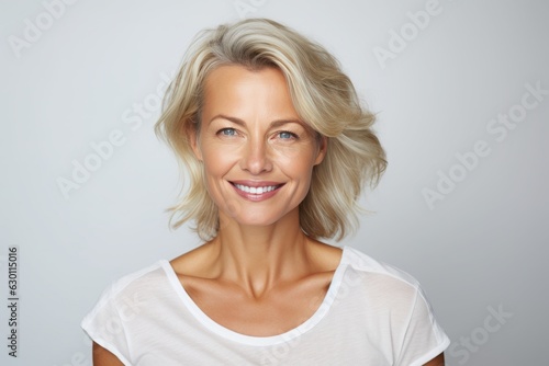 a clean studio portrait of a middle-aged caucasian woman with blond silver hair in white t-shirt looking into the camera smiling, grey background. Generative AI technology © Romana