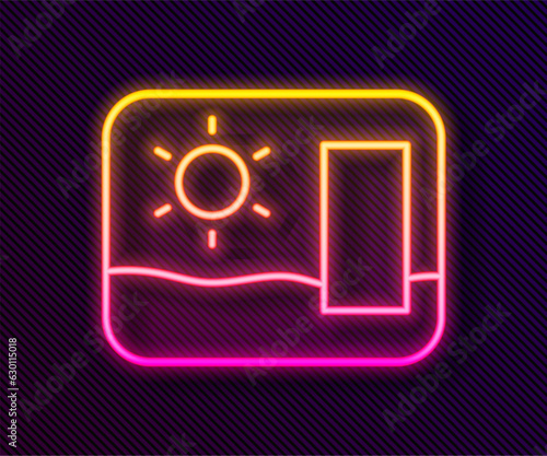Glowing neon line Travel postcard icon isolated on black background. Tourist greeting card. Vector