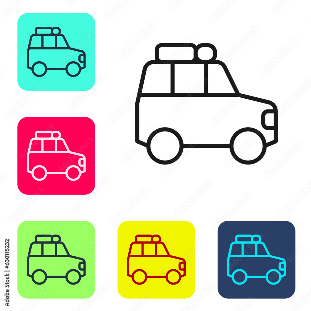 Black line Car icon isolated on white background. Set icons in color square buttons. Vector Black line Car icon isolated on white background. Set icons in color square buttons. Vector
