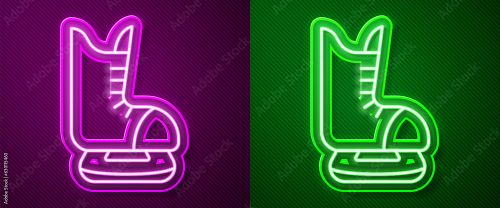 Glowing neon line Skates icon isolated on purple and green background. Ice skate shoes icon. Sport boots with blades. Vector Glowing neon line Skates icon isolated on purple and green background. Ice skate shoes icon. Sport boots with blades. Vector