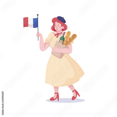 A typical French woman in a blue beret and dress holds the flag of France in her hands a female character in clothes learns a foreign language tourism. Cartoon people vector illustration