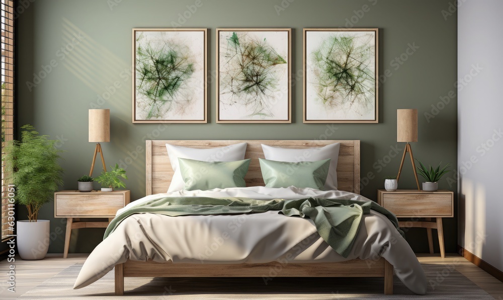 Fototapeta premium Scandinavian style bedroom mockup in beige tones