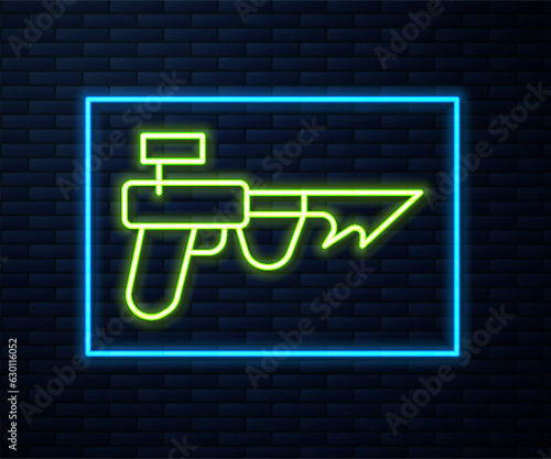 Glowing neon line Fishing harpoon icon isolated on brick wall background. Fishery manufacturers for catching fish under water. Diving underwater equipment. Vector