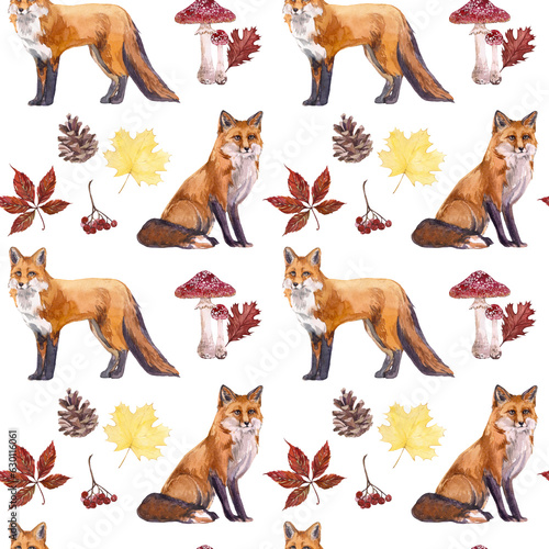 Watercolor seamless pattern with foxes and autumn leaves.Red fox and rowan, fly agaric, leaves, cone, forest nature. Print for the design of textiles, wrapping paper, children's products.