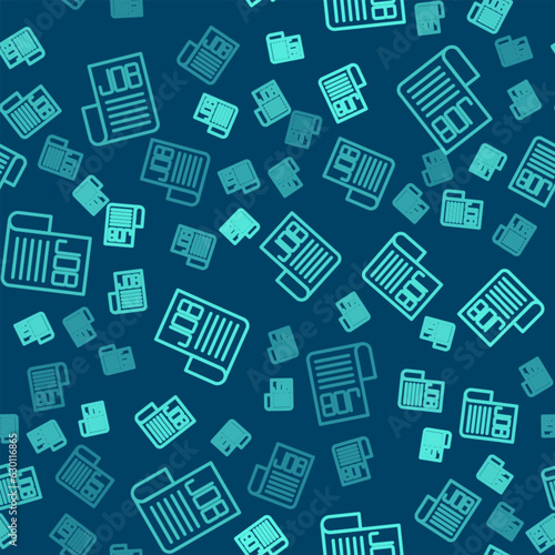 Green line Search job icon isolated seamless pattern on blue background. Recruitment or selection concept. Human resource and recruitment for business. Vector