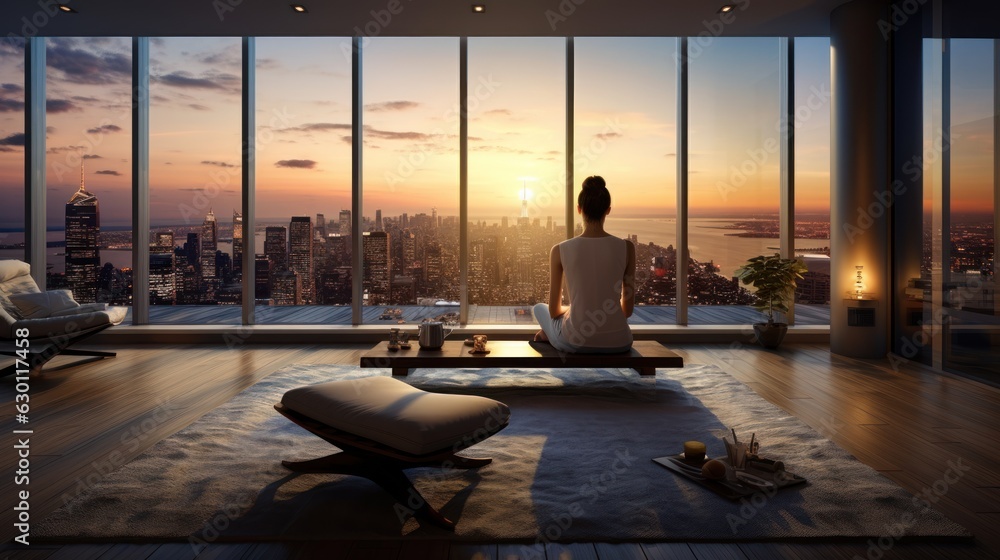 A scene of a successful entrepreneur practicing yoga in the expansive ...