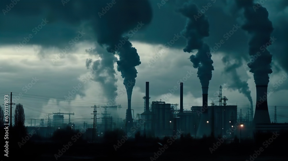 Environmental air pollution in the city. Smoke from the factory chimney. Ecological pollution. Generative Ai technology.