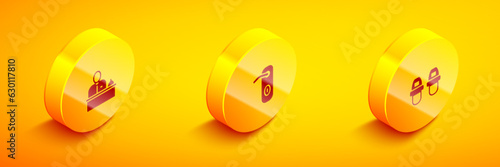 Set Isometric Hotel reception desk, Door handle and slippers icon. Vector