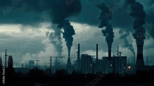 Environmental air pollution in the city. Smoke from the factory chimney. Ecological pollution. Generative Ai technology.