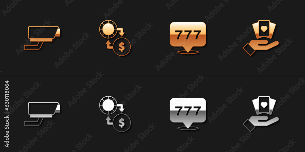 Set Security camera, Casino chips exchange on money, Slot machine with jackpot and Hand holding playing cards icon. Vector Set Security camera, Casino chips exchange on money, Slot machine with jackpot and Hand holding playing cards icon. Vector