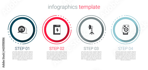 Set Photo camera, Battery for, Softbox light and . Business infographic template. Vector