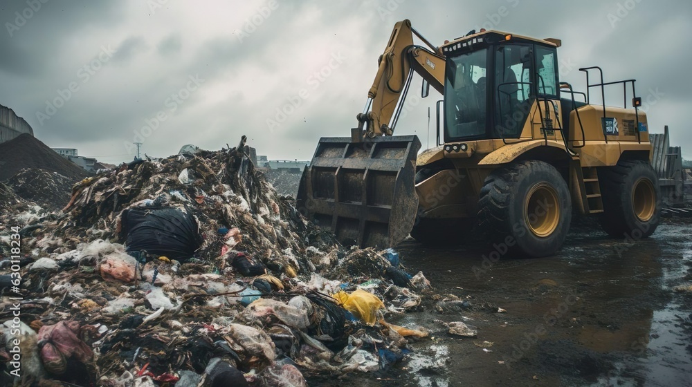 Landscape with trash piles. Bulldozer driver manages the garbage. Plastic pollution and waste recycling process. Generative Ai technology. Landscape with trash piles. Bulldozer driver manages the garbage. Plastic pollution and waste recycling process. Generative Ai technology.
