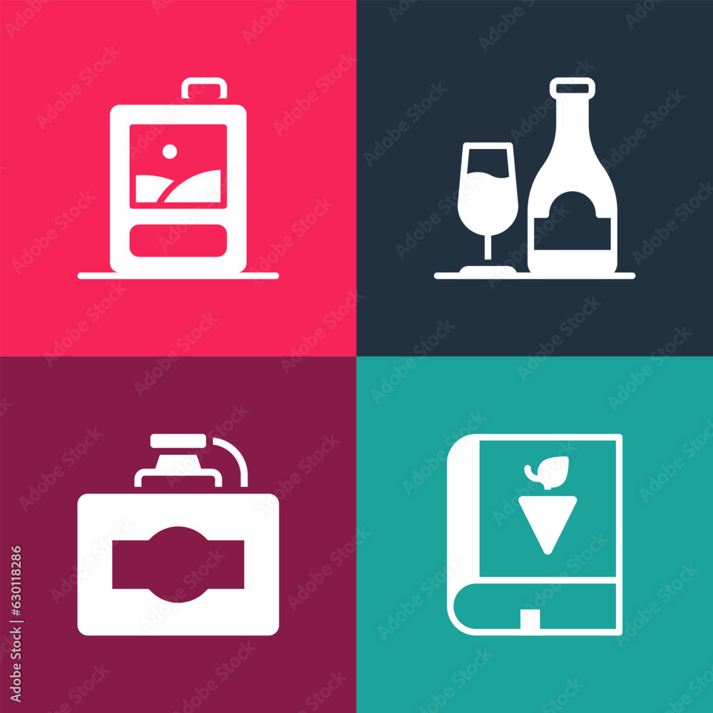 Set pop art Book about grapes, Cardboard box of wine, Wine bottle with glass and icon. Vector Set pop art Book about grapes, Cardboard box of wine, Wine bottle with glass and icon. Vector