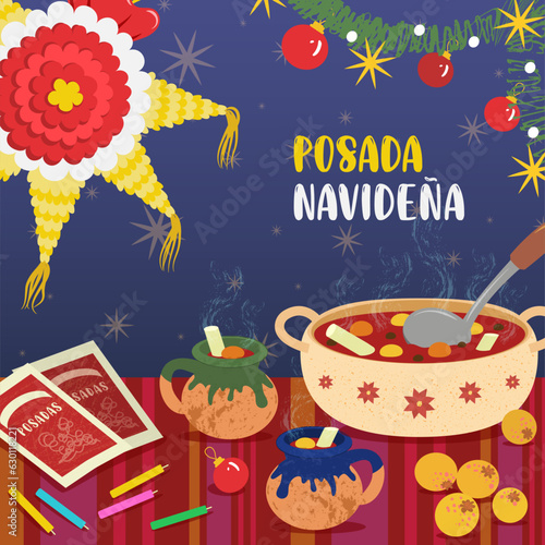 Ilustración de mesa en una posada de Navidad en México. Elementos tradicionales como la piñata, ponche, letanía y velitas para pedir posada.