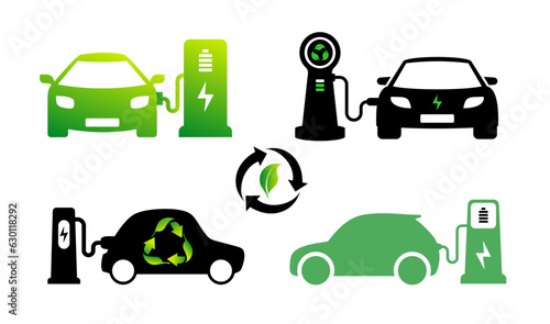 Set of Electric car icon electric car with charging station logo EV car hybrid and electric vehicles. Vector electricity illustration. Eco friendly electro auto concept. Green and black symbols.