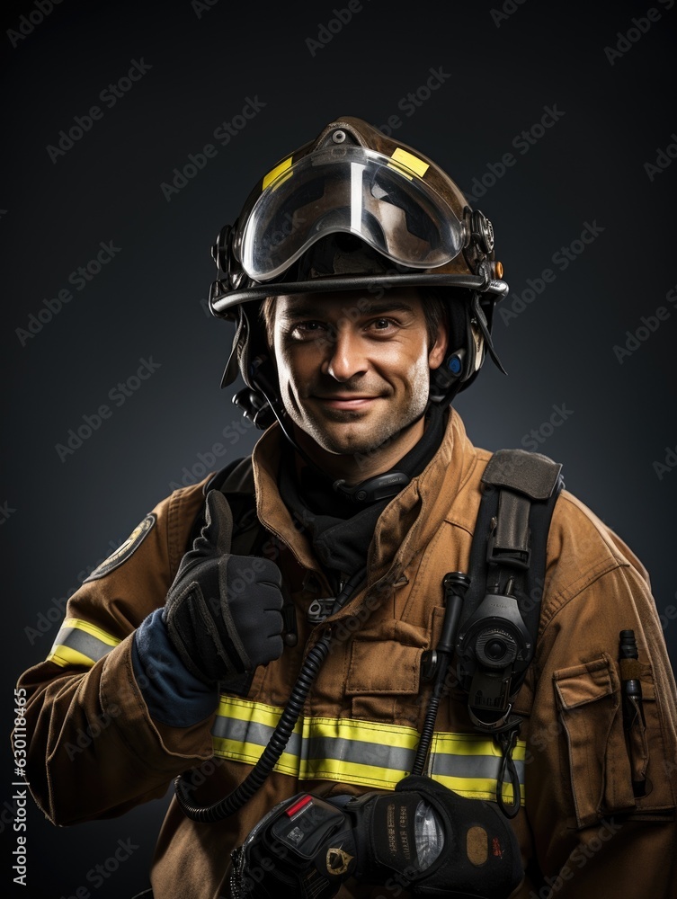 Portrait of a firefighter giving a thumbs up. Portrait of a firefighter giving a thumbs up.
