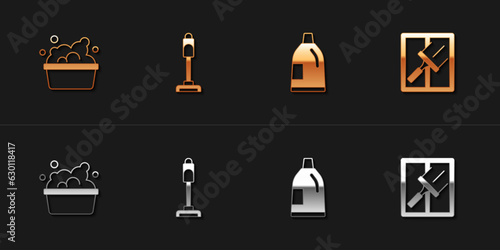 Set Basin with soap suds, Vacuum cleaner, Bottle for cleaning agent and Rubber windows icon. Vector
