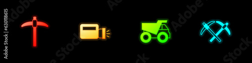 Set Pickaxe, Flashlight, Mining dump truck and icon. Vector