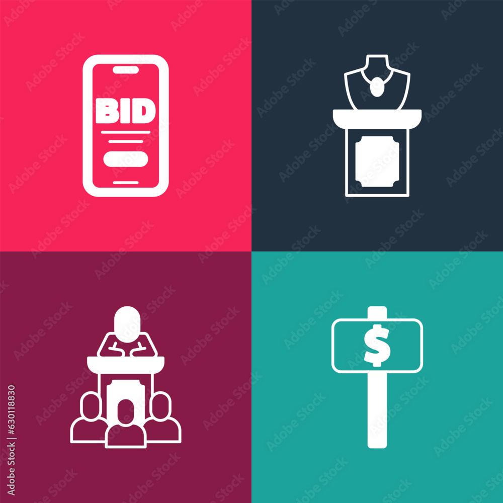 Set pop art Hand holding auction paddle, Auction auctioneer sells, jewelry sale and Online icon. Vector Set pop art Hand holding auction paddle, Auction auctioneer sells, jewelry sale and Online icon. Vector