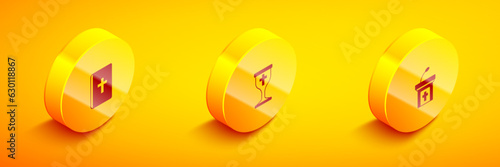 Set Isometric Holy bible book, Christian chalice and Church sermon tribune icon. Vector