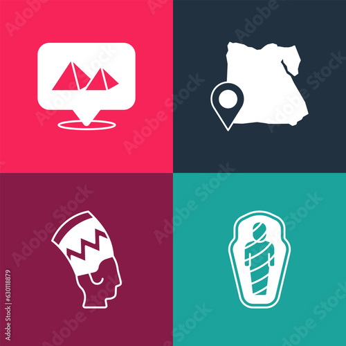 Set pop art Egypt mummy in sarcophagus, Nefertiti, Map of and pyramids icon. Vector