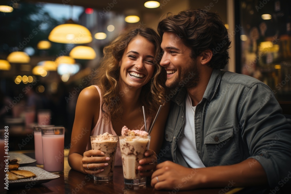 young couple drinking milkshakes in an American diner - people photography